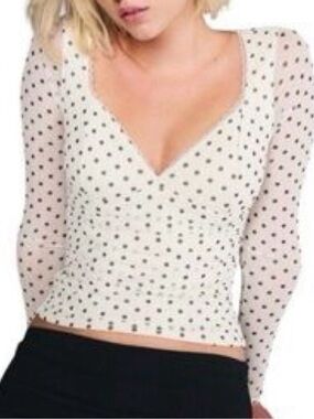 White Sheer Polka Dot V-Neck Long Sleeve Top